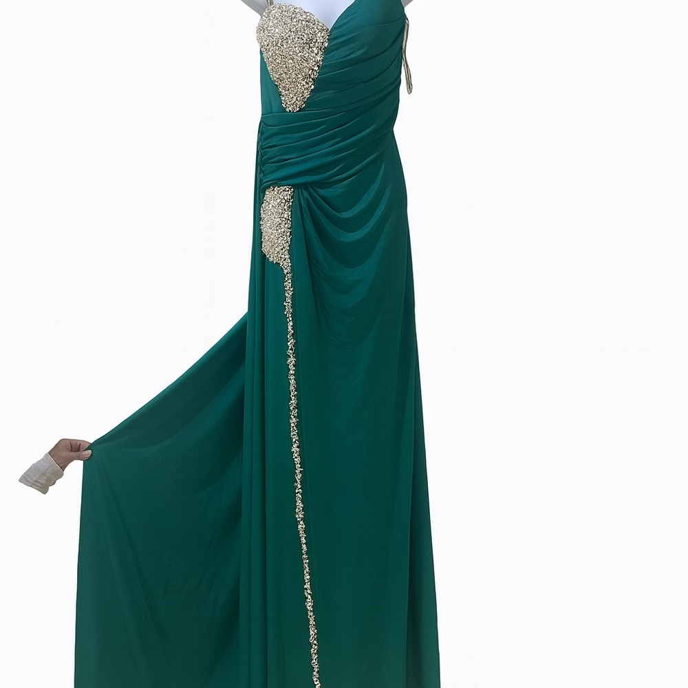 Portia and Scarlett Teal One Shoulder Dress with Gold Accents